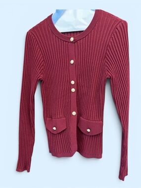 STYLEWE Women's Ribbed Wine-Red Pearl and Gold Button-Front Cardigan